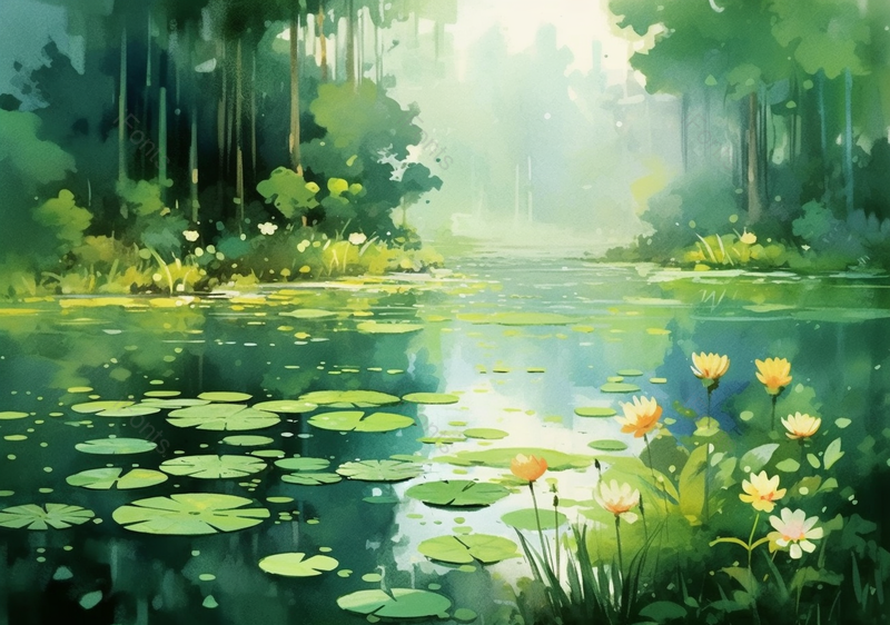 古风国风水墨山水池塘树林睡莲荷花朦胧绿色唯美壁纸,插画/手绘图,插画/手绘图库,插画/手绘图下载,插画/手绘